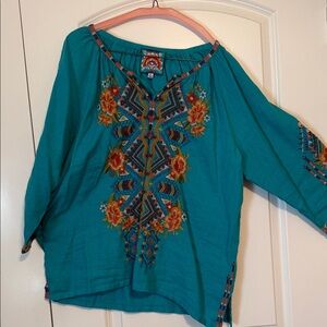 Johnny Was Turquoise Embroidered Blouse